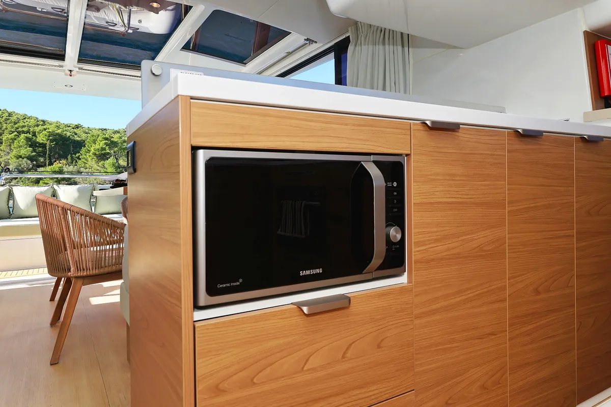 Galley of Voyager, a Bali 4.4 catamaran at Seget Donji, Croatia