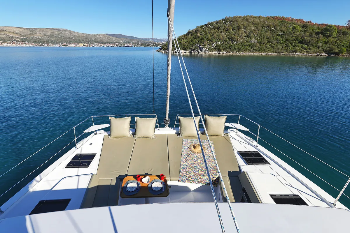 Deck of Voyager, a Bali 4.4 catamaran at Seget Donji, Croatia