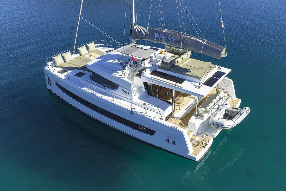 Exterior view of Voyager, a Bali 4.4 catamaran at Seget Donji, Croatia