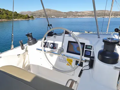 Cockpit of Voyager, a Bali 4.4 catamaran at Seget Donji, Croatia