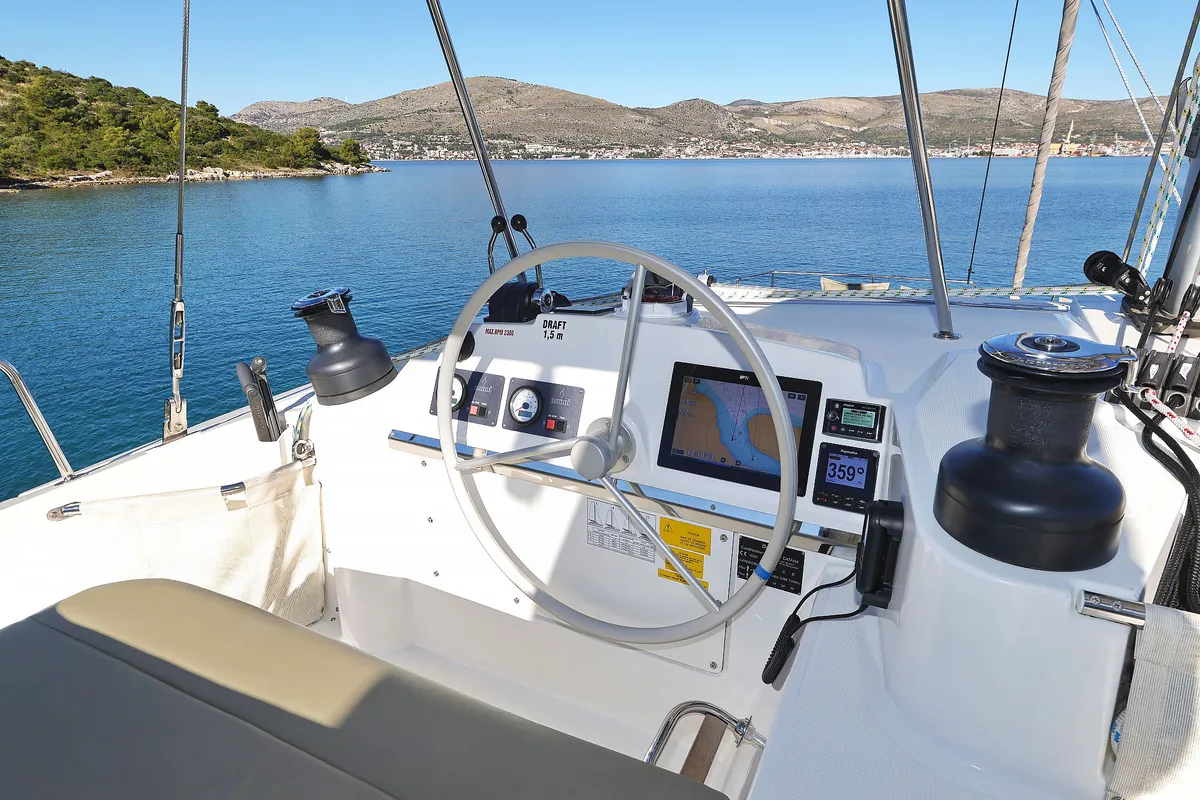 Cockpit of Voyager, a Bali 4.4 catamaran at Seget Donji, Croatia