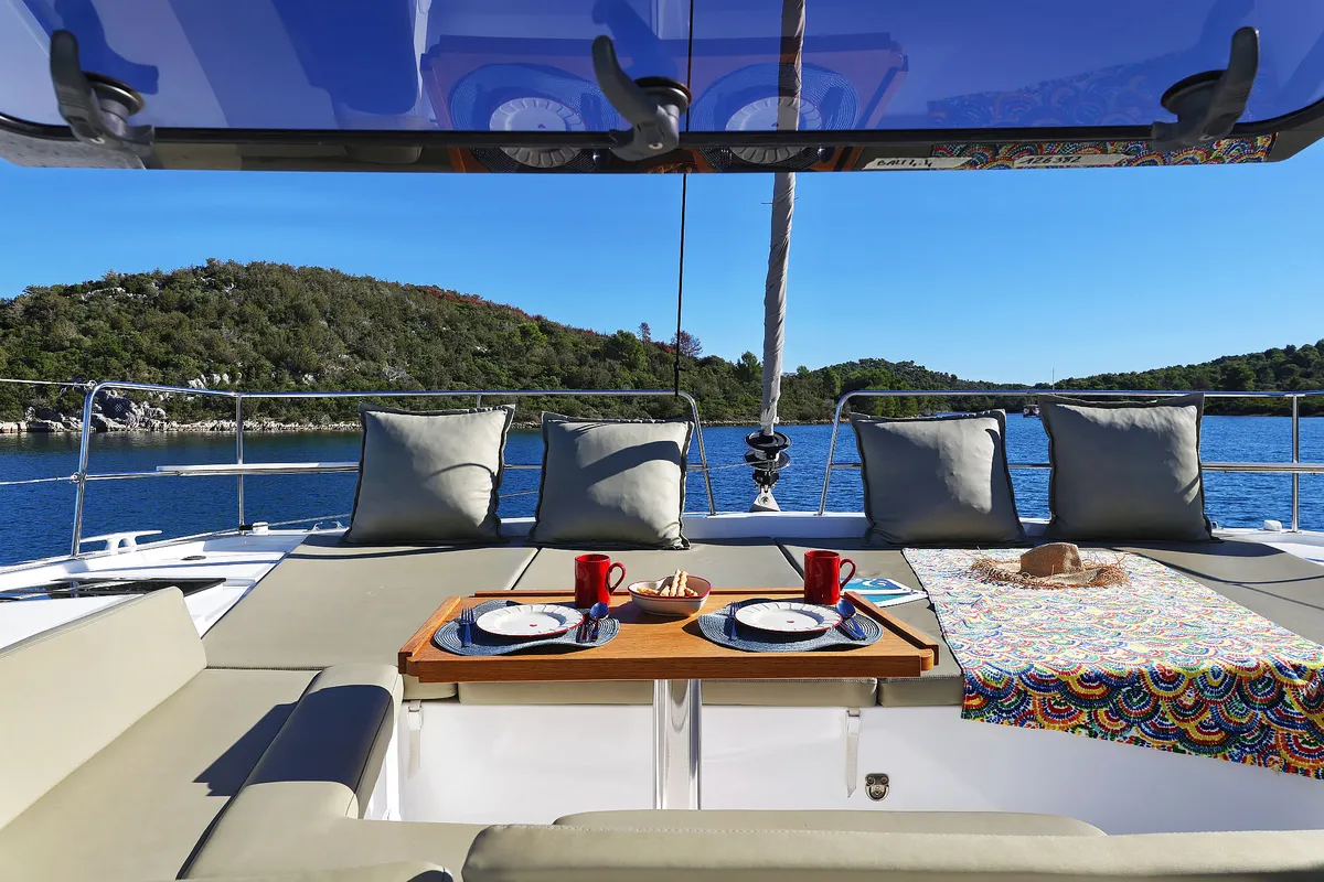 Deck of Voyager, a Bali 4.4 catamaran at Seget Donji, Croatia
