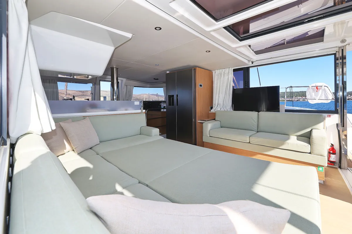 Salon of Voyager, a Bali 4.4 catamaran at Seget Donji, Croatia