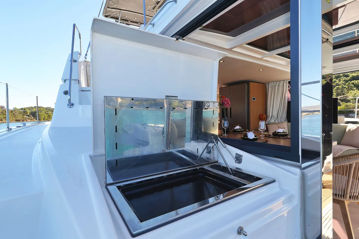 Deck of Voyager, a Bali 4.4 catamaran at Seget Donji, Croatia