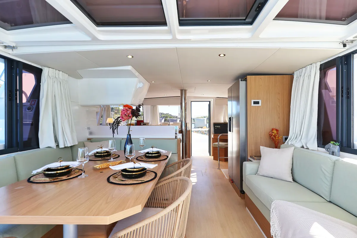 Salon of Voyager, a Bali 4.4 catamaran at Seget Donji, Croatia