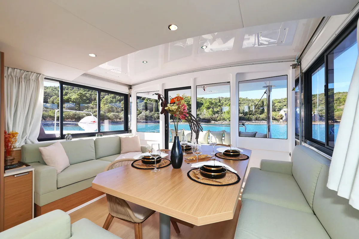 Salon of Voyager, a Bali 4.4 catamaran at Seget Donji, Croatia