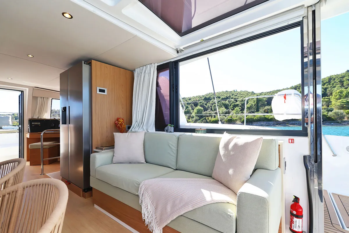 Salon of Voyager, a Bali 4.4 catamaran at Seget Donji, Croatia