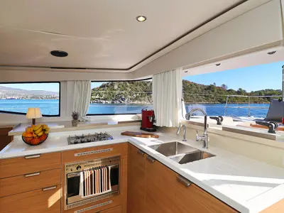 Galley of Voyager, a Bali 4.4 catamaran at Seget Donji, Croatia