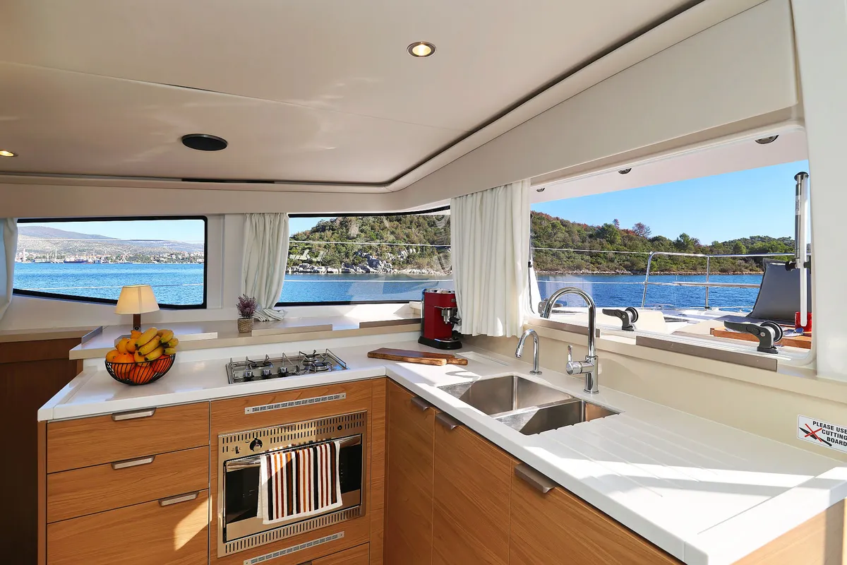 Galley of Voyager, a Bali 4.4 catamaran at Seget Donji, Croatia