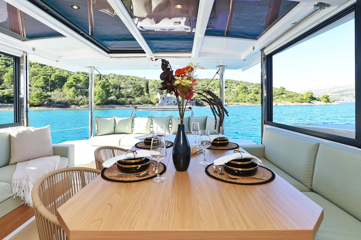 Salon of Voyager, a Bali 4.4 catamaran at Seget Donji, Croatia