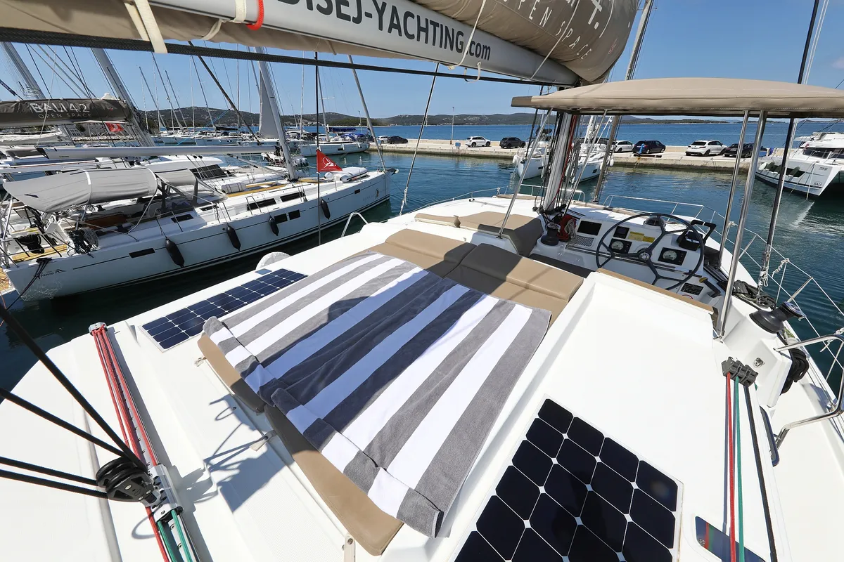 Deck of Wendy, a Bali 4.1 catamaran at Grad Biograd na Moru, Croatia
