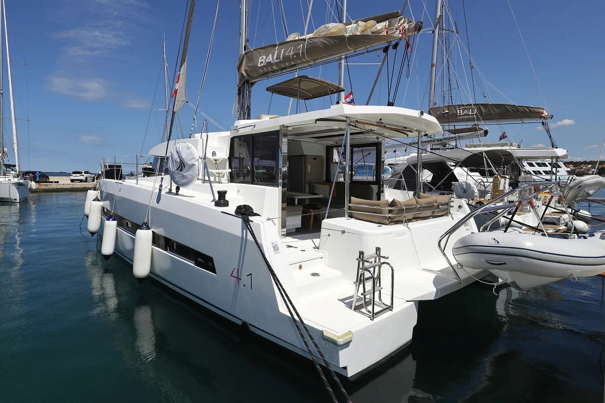 Deck of Wendy, a Bali 4.1 catamaran at Grad Biograd na Moru, Croatia
