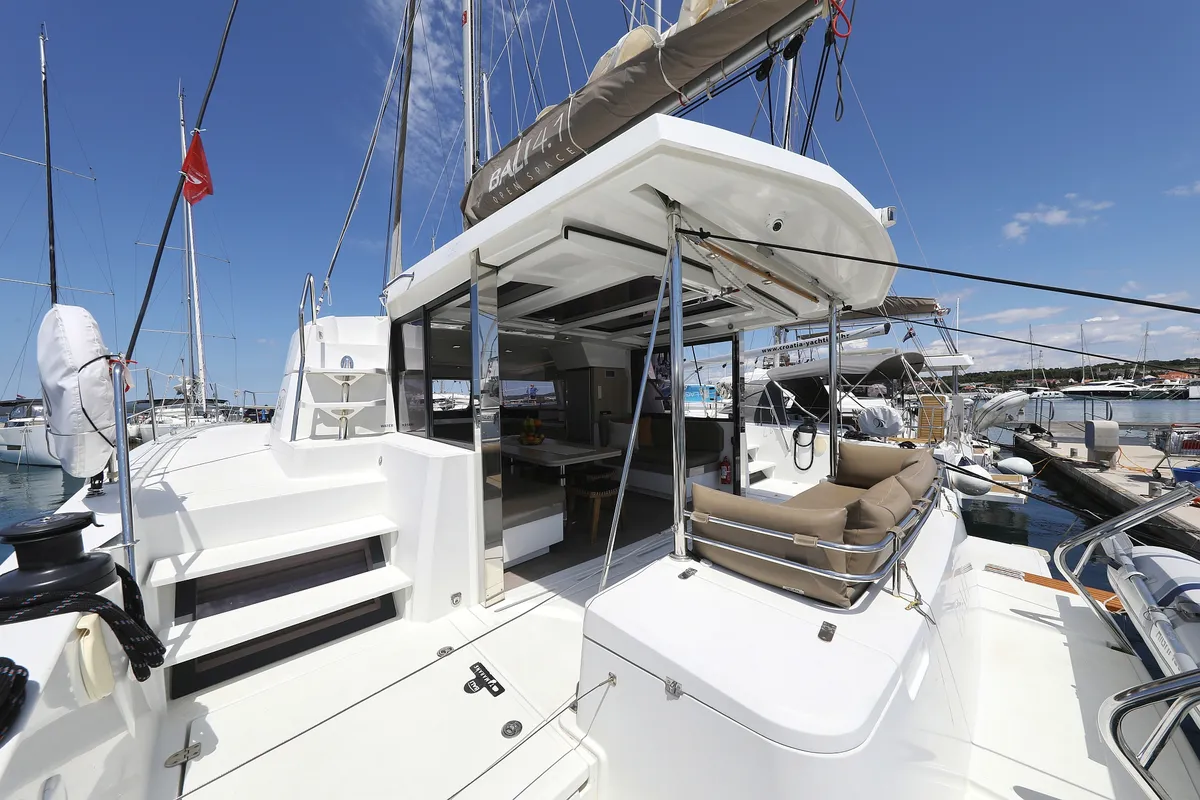 Deck of Wendy, a Bali 4.1 catamaran at Grad Biograd na Moru, Croatia