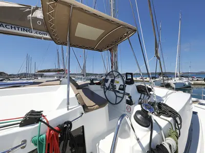 Cockpit of Wendy, a Bali 4.1 catamaran at Grad Biograd na Moru, Croatia