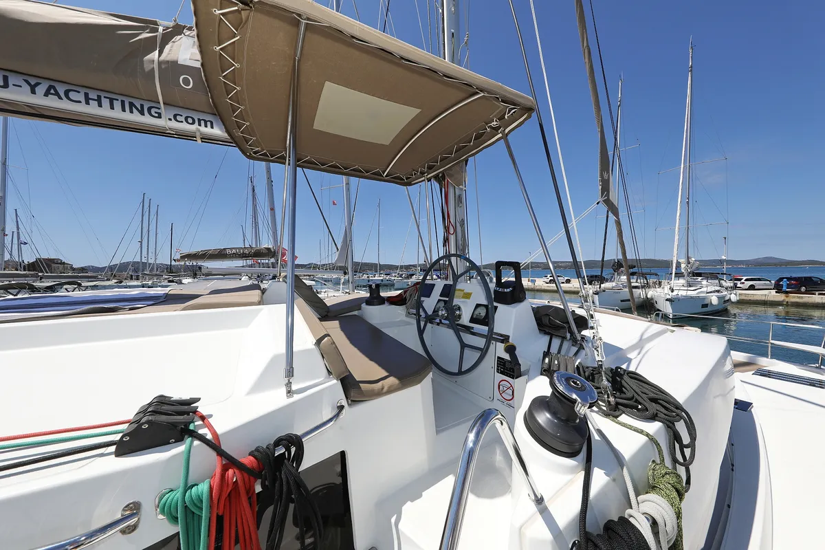 Cockpit of Wendy, a Bali 4.1 catamaran at Grad Biograd na Moru, Croatia