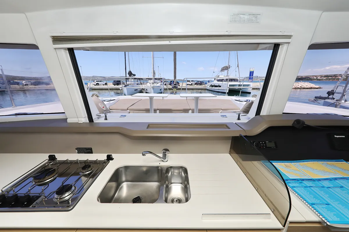 Galley of Wendy, a Bali 4.1 catamaran at Grad Biograd na Moru, Croatia