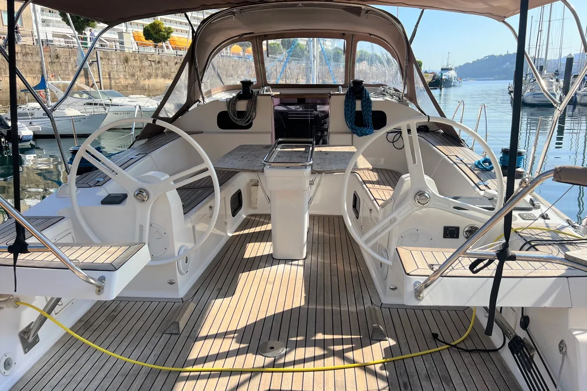 Cockpit of Sailway Ocho, a Elan Impression 45 sailboat at Vigo, Spain