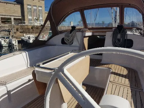 Cockpit of Sailway Ocho, a Elan Impression 45 sailboat at Vigo, Spain