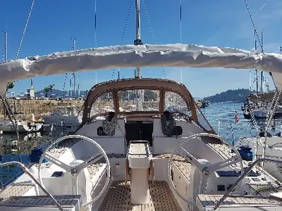 Cockpit of Sailway Ocho, a Elan Impression 45 sailboat at Vigo, Spain