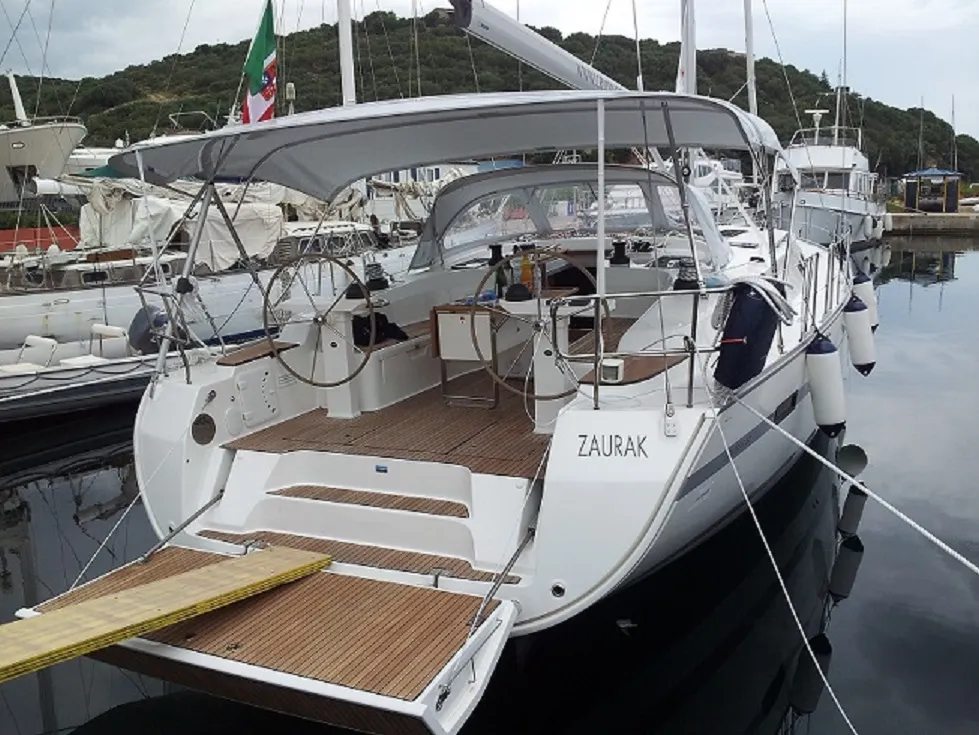 Exterior view of Zaurak, a Bavaria Cruiser 50 sailboat at Olbia, Italy