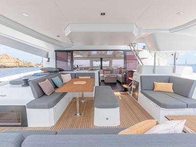 Deck of My Dream, a Fountaine Pajot Elba 45 catamaran at Taranto, Italy