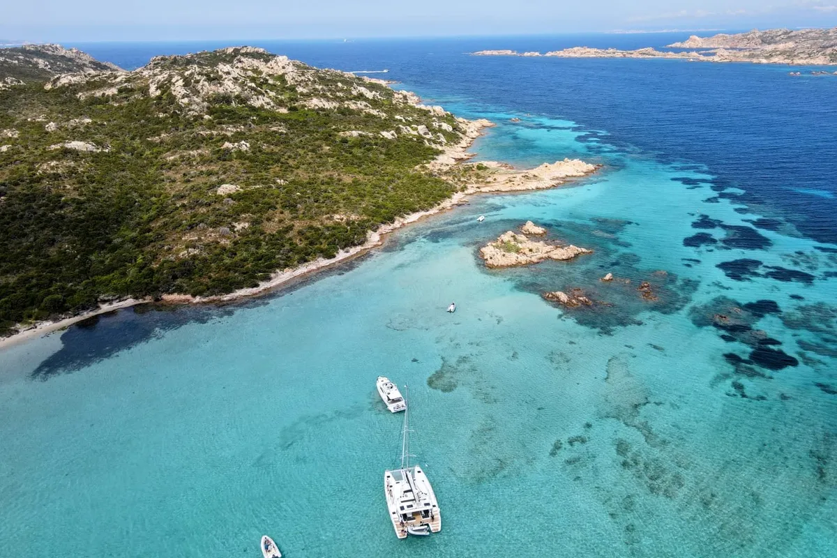 Exterior view of Gea, a Lagoon 46 catamaran at Lu Palau/Palau, Italy