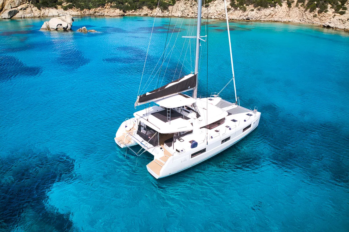 Exterior view of Gea, a Lagoon 46 catamaran at Lu Palau/Palau, Italy