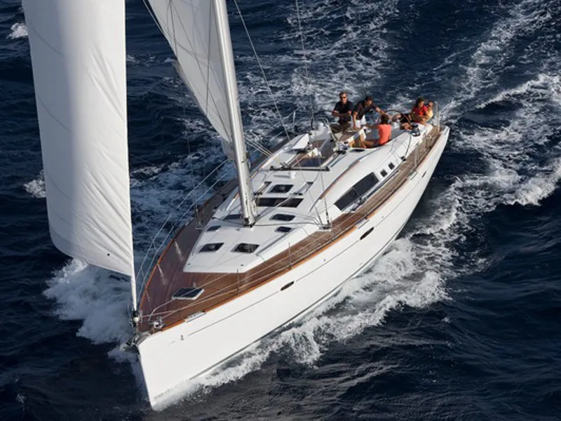 Exterior view of AF-O54, a Beneteau Oceanis 54 sailboat at Municipal Unit of Palairos, Greece