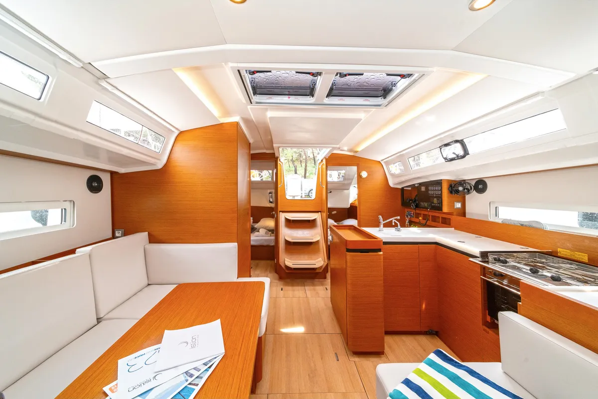 Exterior view of First Date, a Jeanneau Sun Odyssey 410 sailboat at Skradin, Croatia