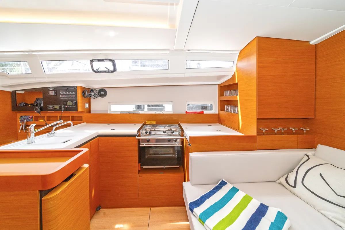 Exterior view of First Date, a Jeanneau Sun Odyssey 410 sailboat at Skradin, Croatia