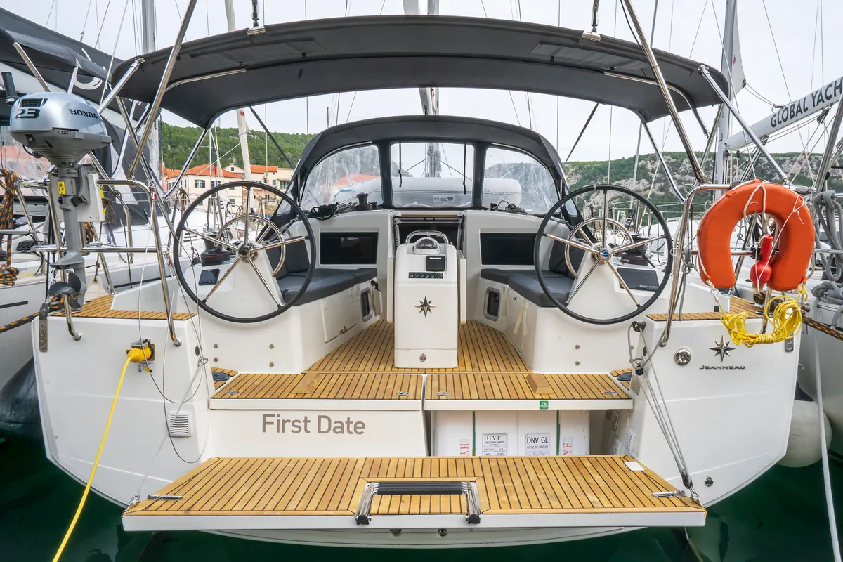 Exterior view of First Date, a Jeanneau Sun Odyssey 410 sailboat at Skradin, Croatia