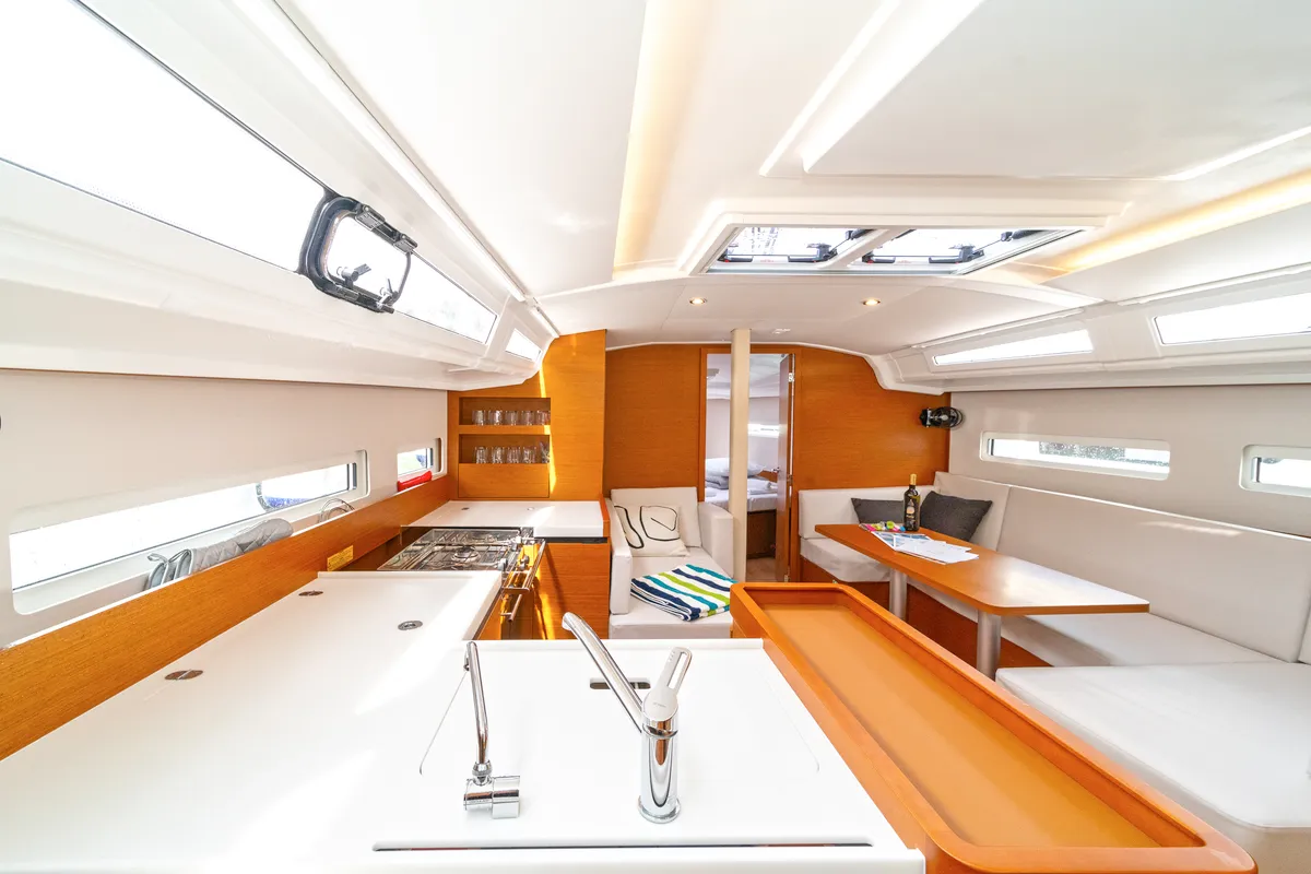 Deck of First Date, a Jeanneau Sun Odyssey 410 sailboat at Skradin, Croatia