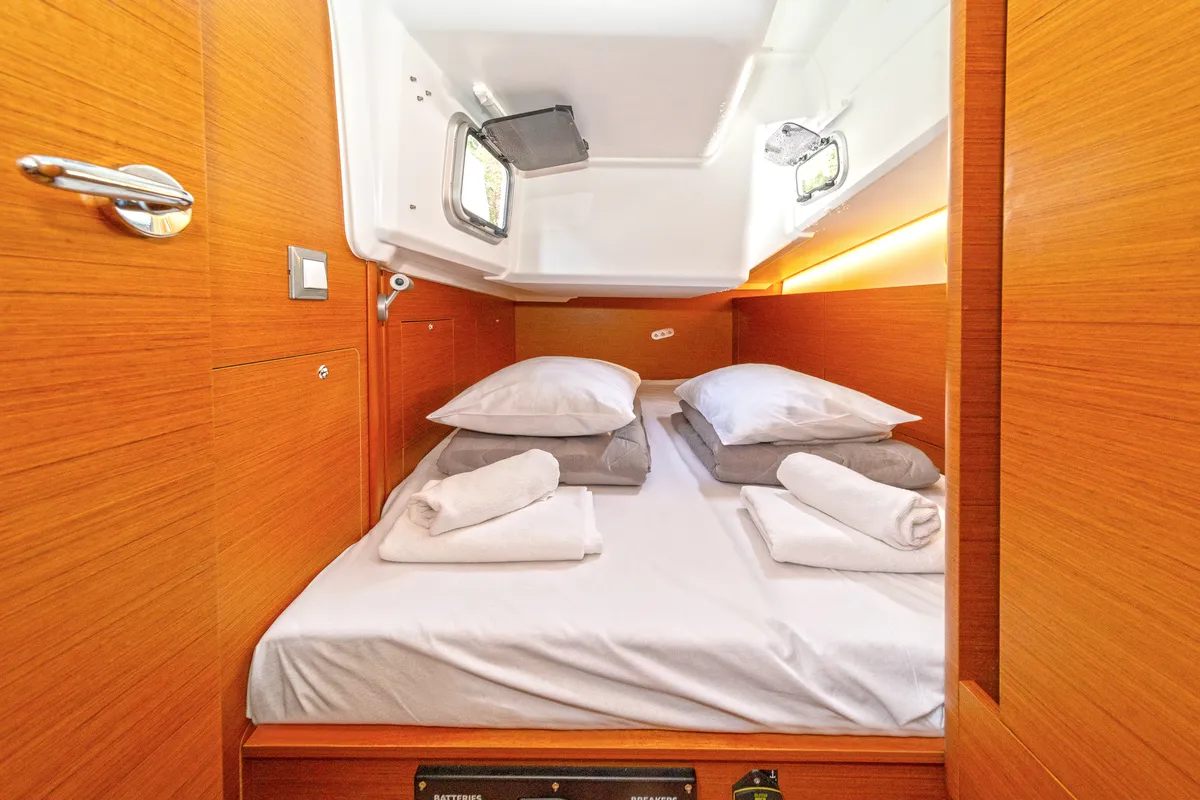 Exterior view of First Date, a Jeanneau Sun Odyssey 410 sailboat at Skradin, Croatia