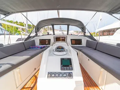 Cockpit of First Date, a Jeanneau Sun Odyssey 410 sailboat at Skradin, Croatia