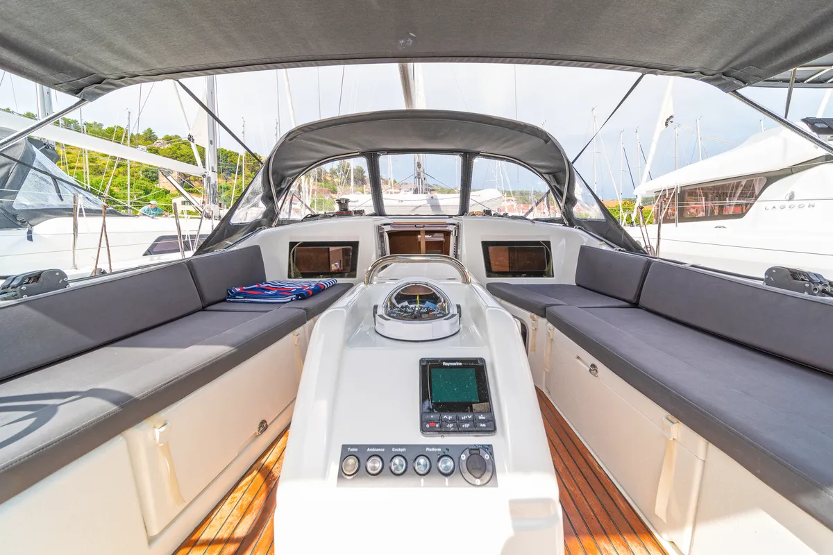 Cockpit of First Date, a Jeanneau Sun Odyssey 410 sailboat at Skradin, Croatia