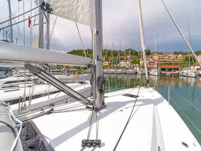 Salon of First Date, a Jeanneau Sun Odyssey 410 sailboat at Skradin, Croatia