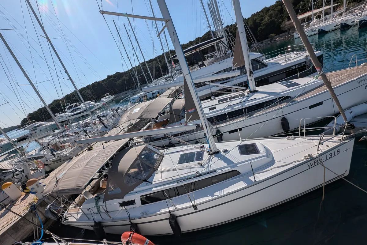 Exterior view of Little Joe, a Bavaria Cruiser 34 sailboat at Rogoznica, Croatia