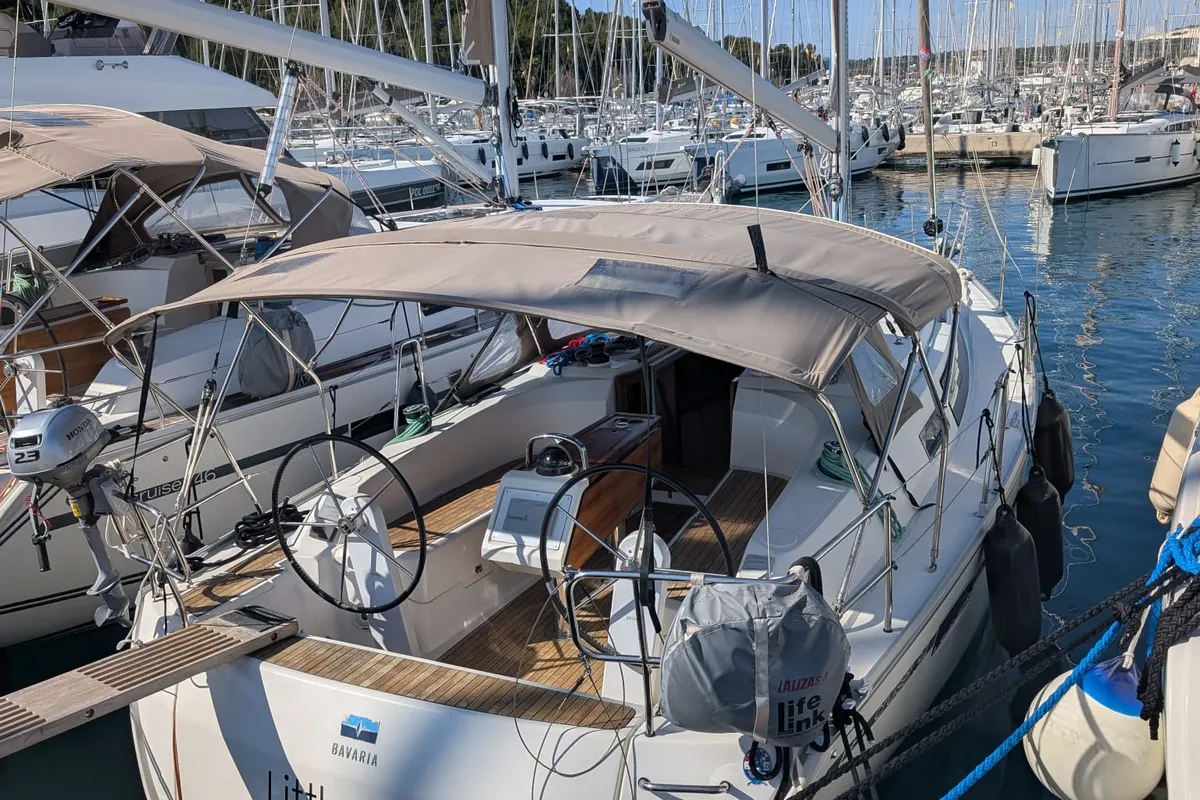 Exterior view of Little Joe, a Bavaria Cruiser 34 sailboat at Rogoznica, Croatia