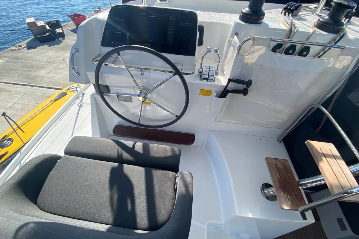 Cockpit of Copernicus, a Lagoon 42 catamaran at St. George's, Grenada