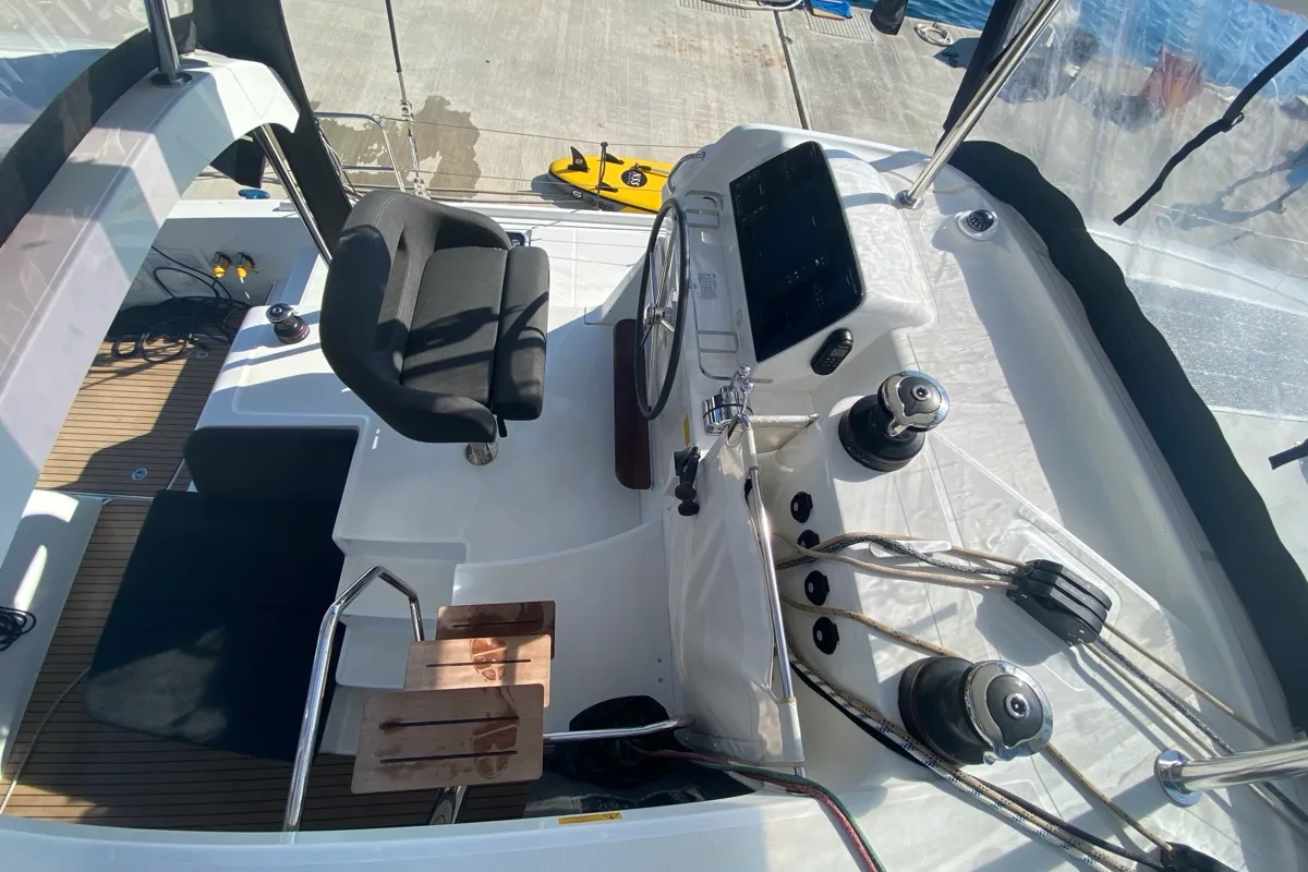 Cockpit of Copernicus, a Lagoon 42 catamaran at St. George's, Grenada