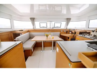 Salon of Lydia, a Excess 11 catamaran at Lefkada, Greece