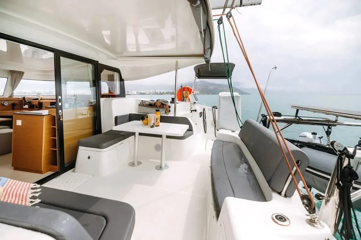 Deck of Lydia, a Excess 11 catamaran at Lefkada, Greece
