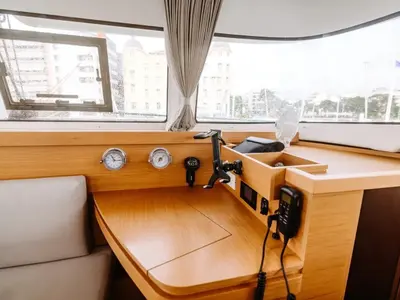 Cockpit of Lydia, a Excess 11 catamaran at Lefkada, Greece