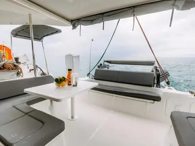 Deck of Lydia, a Excess 11 catamaran at Lefkada, Greece