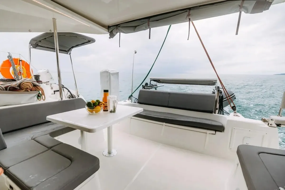 Deck of Lydia, a Excess 11 catamaran at Lefkada, Greece
