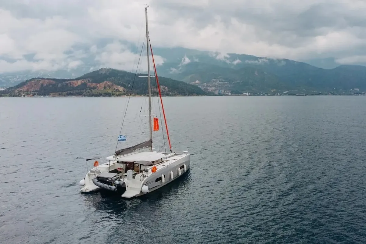 Exterior view of Lydia, a Excess 11 catamaran at Lefkada, Greece