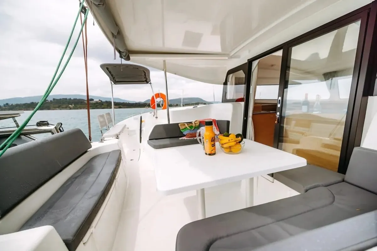Deck of Lydia, a Excess 11 catamaran at Lefkada, Greece