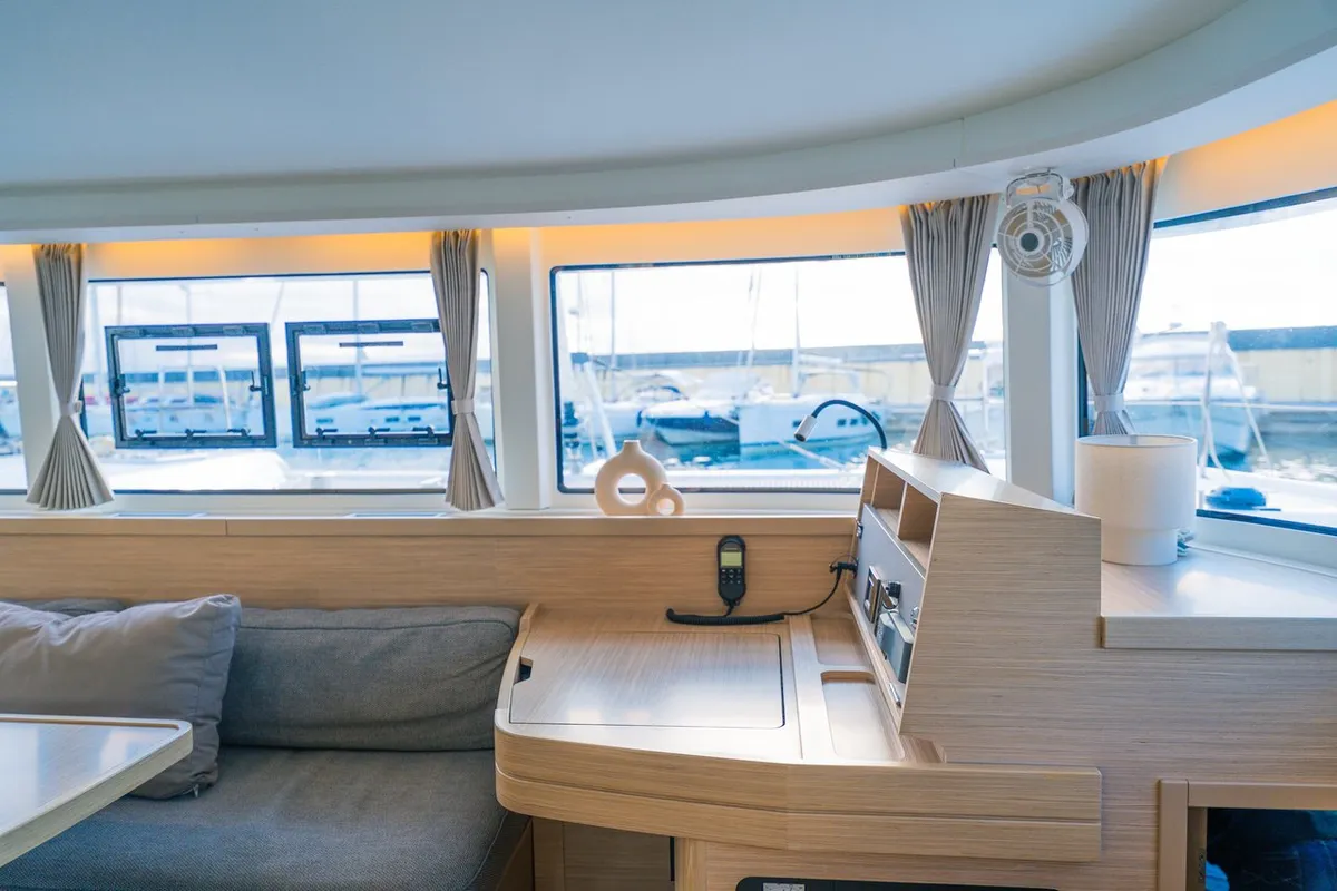Salon of Veryta, a Lagoon 42 catamaran at Olbia, Italy