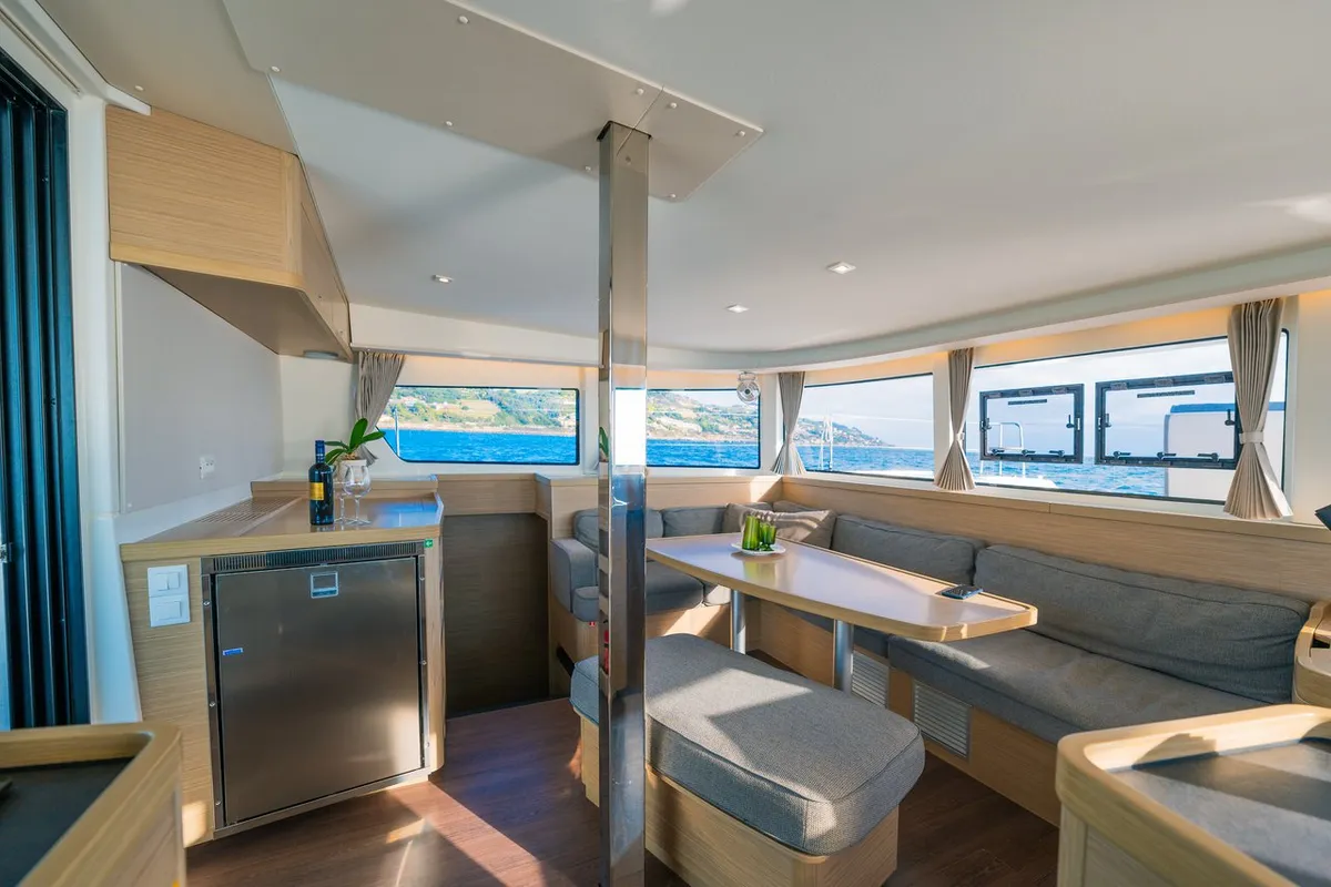 Salon of Veryta, a Lagoon 42 catamaran at Olbia, Italy