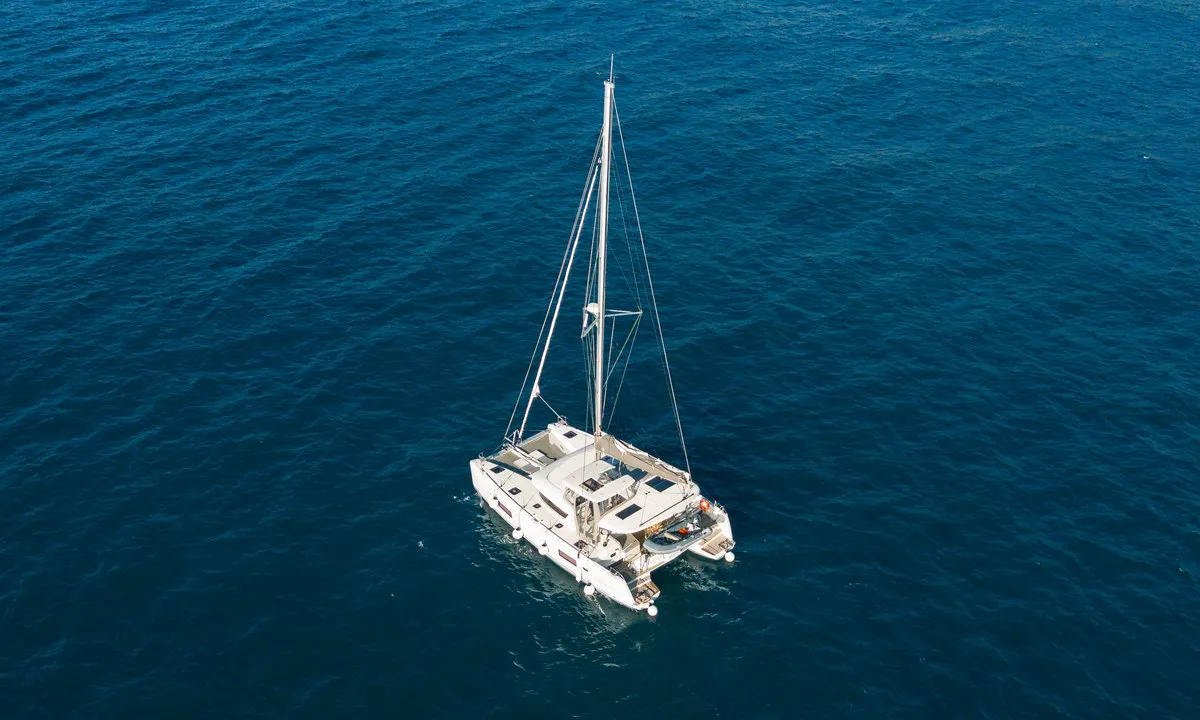 Exterior view of Veryta, a Lagoon 42 catamaran at Olbia, Italy